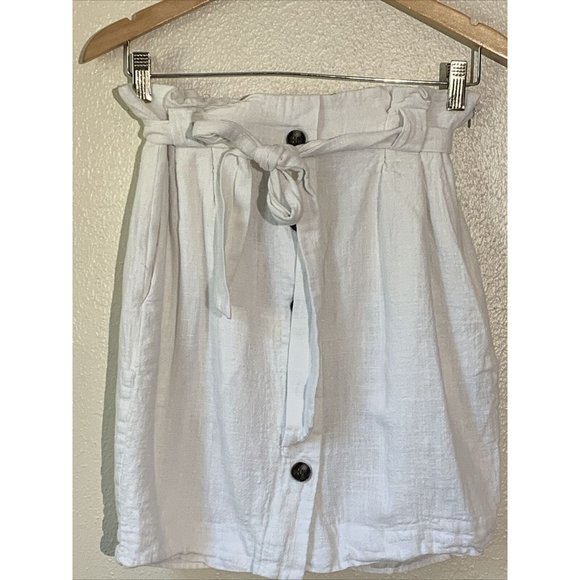 H&M Skirt 4 White Paperbag Linen Belted Tie Front Side Pockets Lined Button - Picture 4 of 12